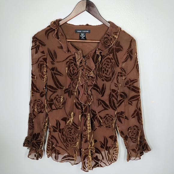 Anne Carson Y2K Blouse Womens Medium Brown Crushed Velvet Sheer Ruffle Fairycore - Picture 1 of 11